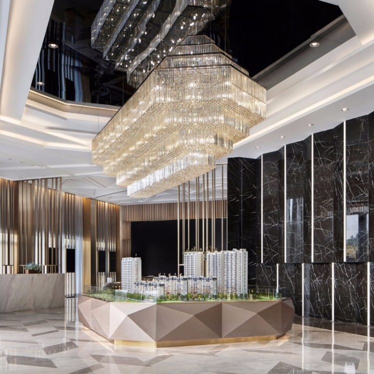 Overall view of the sales gallery rectangular glass chandelier