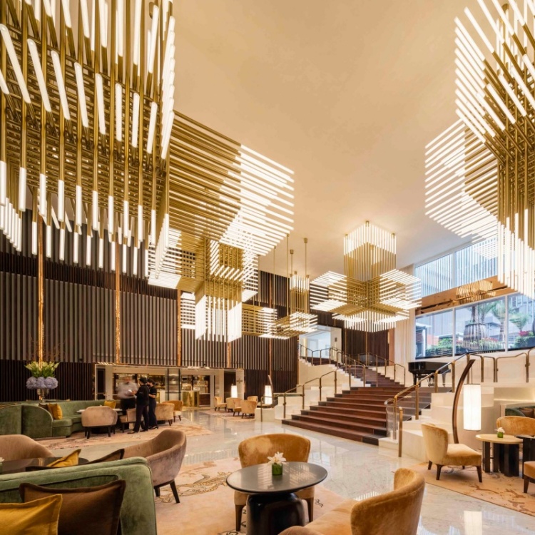 Overall view of the hotel lounge geometric glass rod lighting